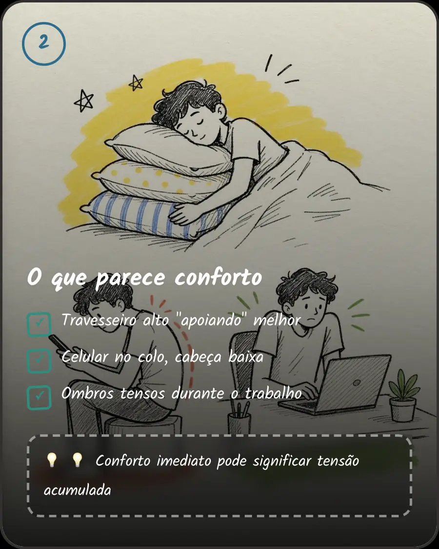 O que parece conforto. Travesseiro alto "apoiando" melhor. Celular no colo, cabeça baixa. Ombros tensos durante o trabalho