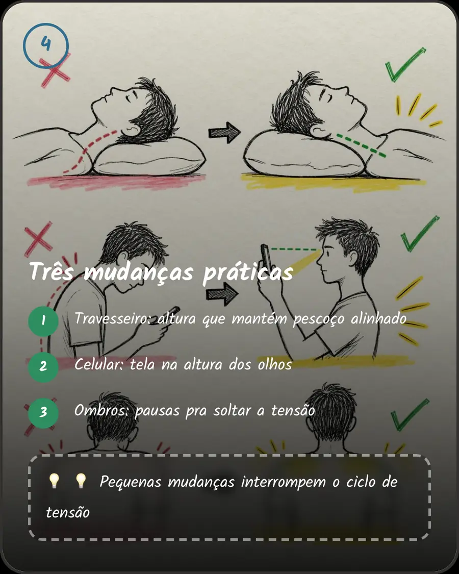 Três mudanças práticas. Travesseiro: altura que mantém pescoço alinhado. Celular: tela na altura dos olhos. Ombros: pausas pra soltar a tensão