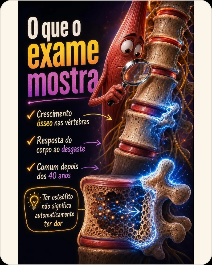 O que o exame mostra. Crescimento ósseo nas vértebras. Resposta do corpo ao desgaste. Comum depois dos 40 anos