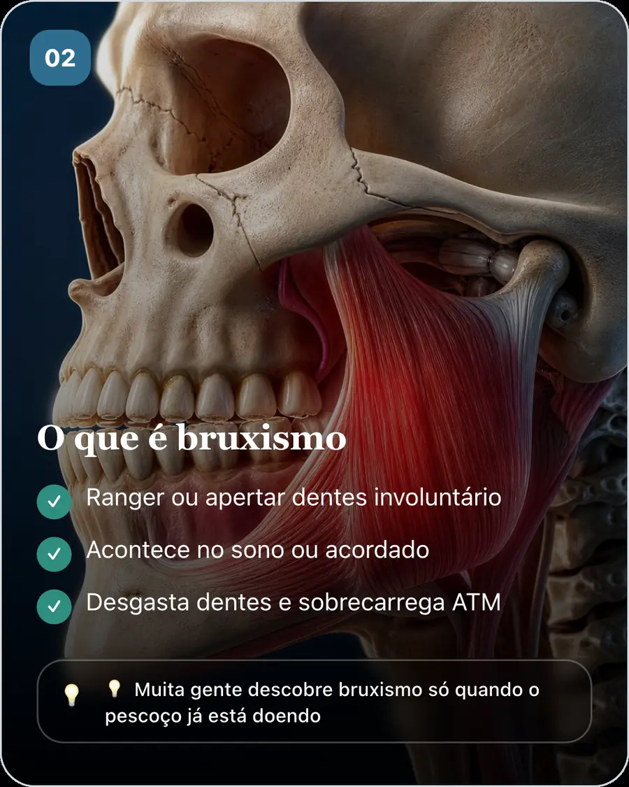 O que é bruxismo. Ranger ou apertar dentes involuntário. Acontece no sono ou acordado. Desgasta dentes e sobrecarrega ATM