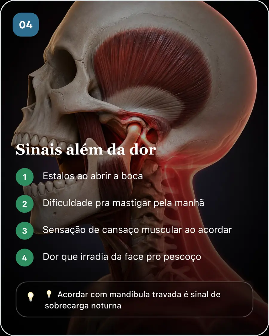 Sinais além da dor. Estalos ao abrir a boca. Dificuldade pra mastigar pela manhã. Sensação de cansaço muscular ao acordar. Dor que irradia da face pro pescoço