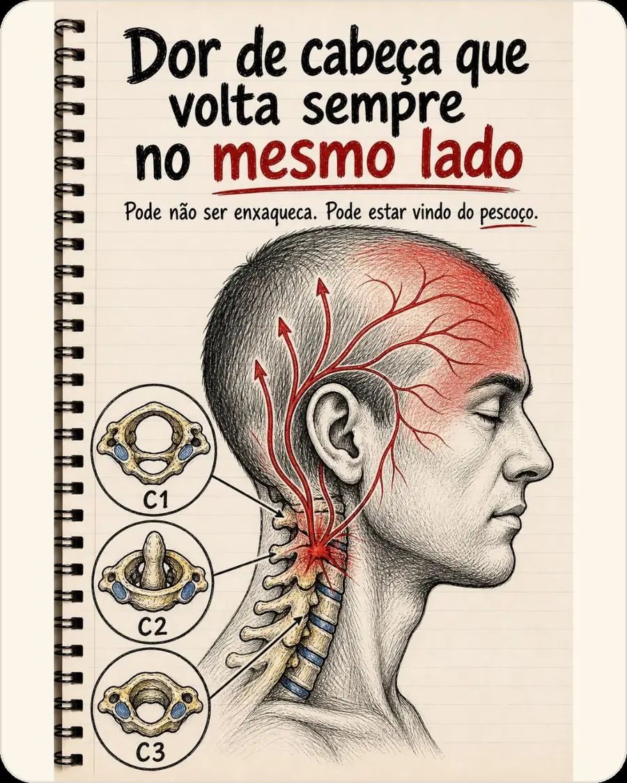 Dor de cabeça que volta sempre no mesmo lado. Pode não ser enxaqueca. Pode estar vindo do pescoço.