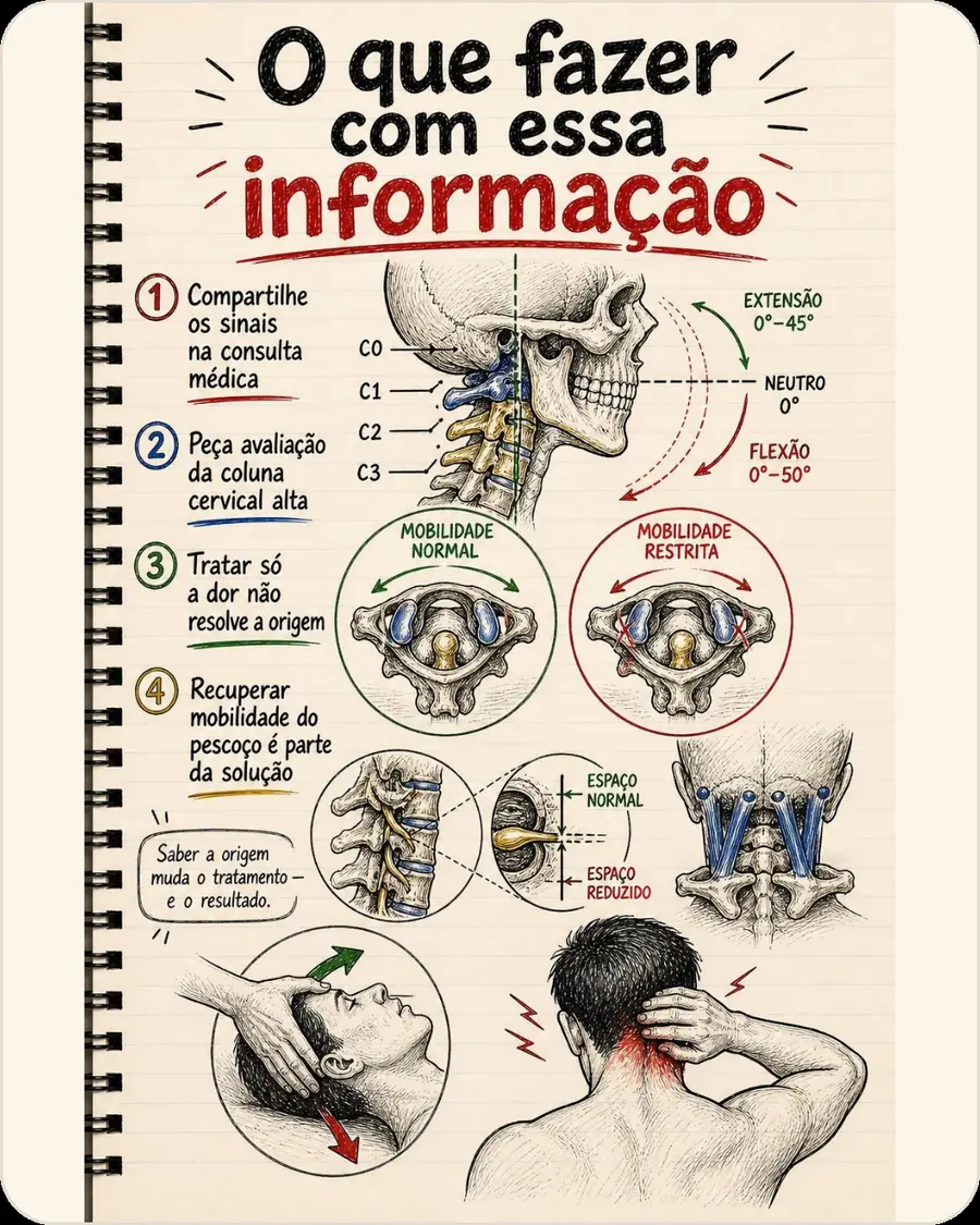 O que fazer com essa informação. Compartilhe os sinais na consulta médica. Peça avaliação da coluna cervical alta. Tratar só a dor não resolve a origem. Recuperar mobilidade do pescoço é parte da solução
