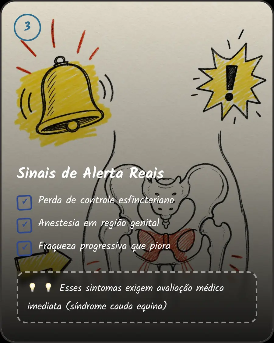 Sinais de Alerta Reais. Perda de controle esfincteriano. Anestesia em região genital. Fraqueza progressiva que piora