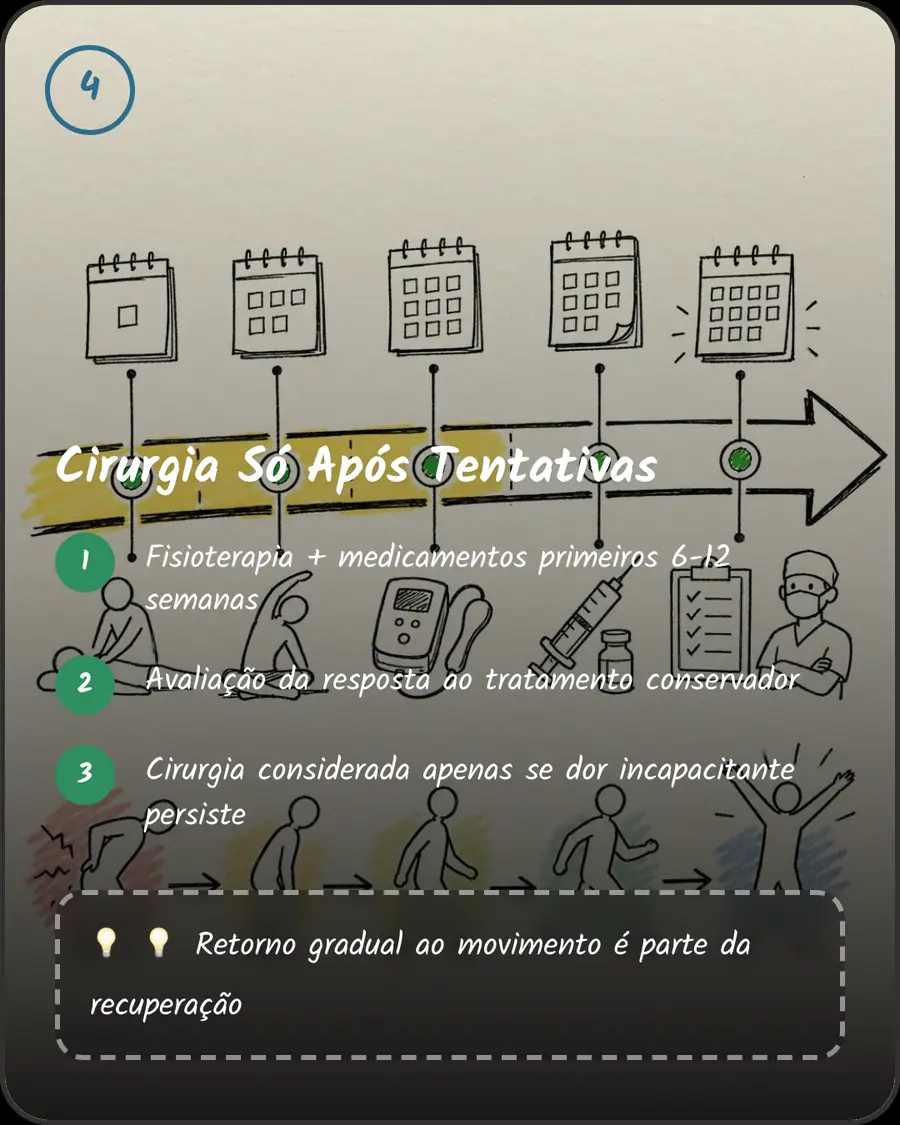 Cirurgia Só Após Tentativas. Fisioterapia + medicamentos primeiros 6-12 semanas. Avaliação da resposta ao tratamento conservador. Cirurgia considerada apenas se dor incapacitante persiste