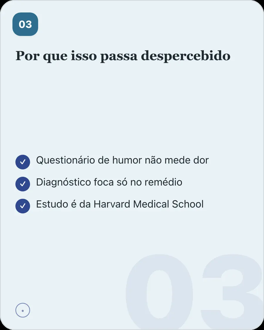 Por que isso passa despercebido. Questionário de humor não mede dor. Diagnóstico foca só no remédio. Estudo é da Harvard Medical School