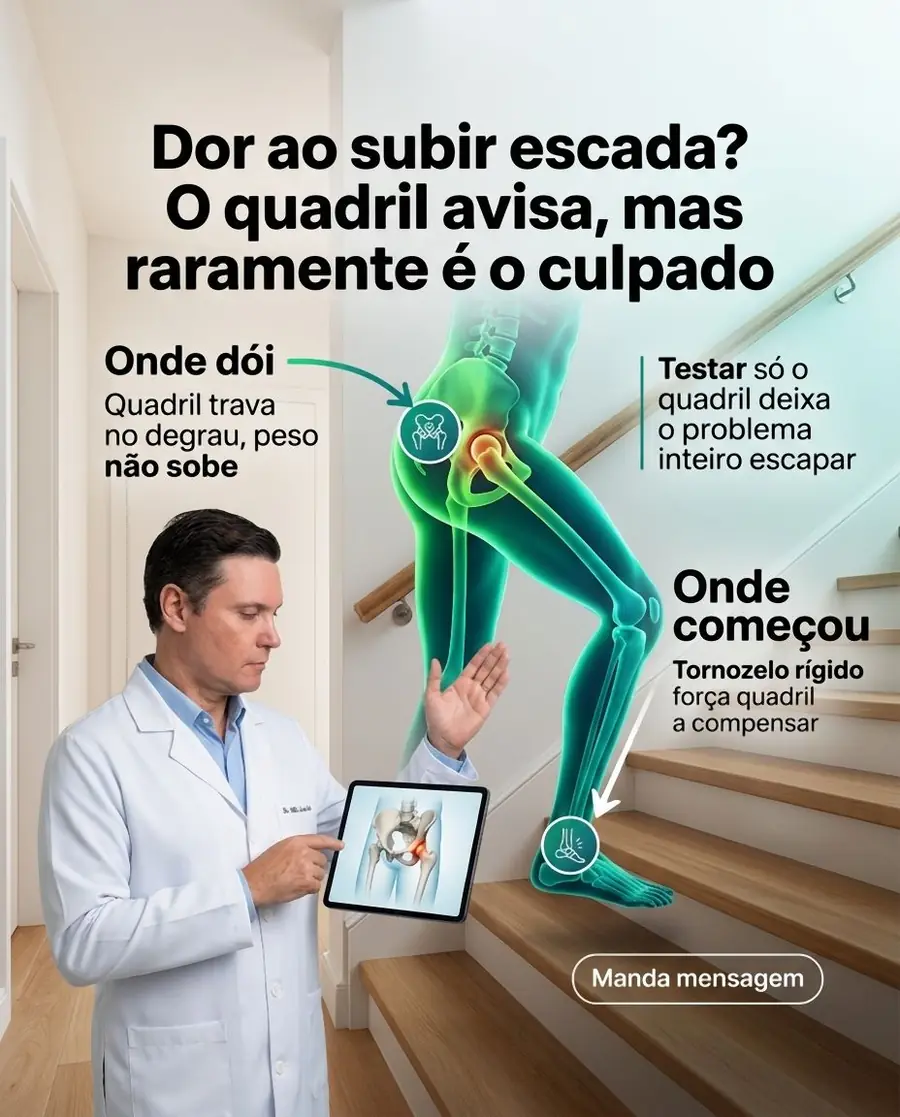 Post do Dr. Hélio no Instagram: Dor ao subir escada? O quadril avisa, mas raramente é o culpado