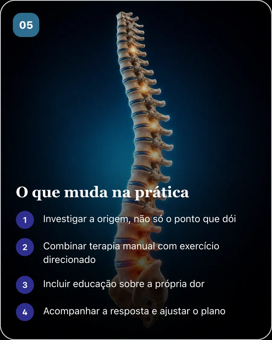 O que muda na prática. Investigar a origem, não só o ponto que dói. Combinar terapia manual com exercício direcionado. Incluir educação sobre a própria dor. Acompanhar a resposta e ajustar o plano