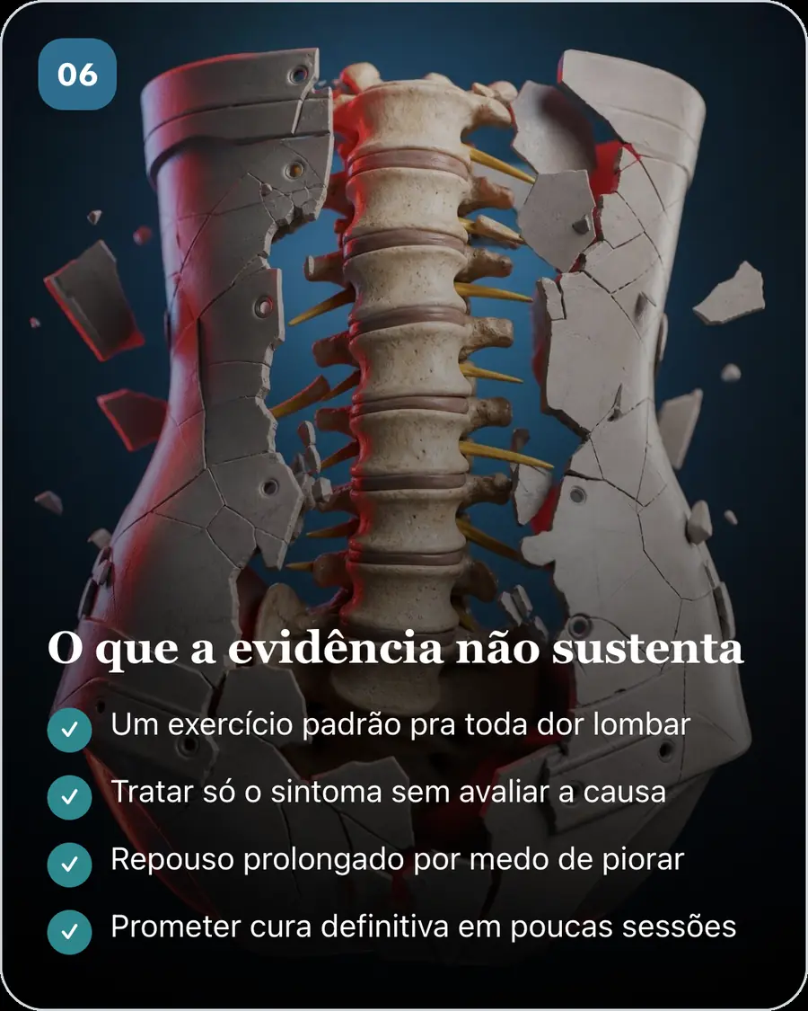 O que a evidência não sustenta. Um exercício padrão pra toda dor lombar. Tratar só o sintoma sem avaliar a causa. Repouso prolongado por medo de piorar. Prometer cura definitiva em poucas sessões
