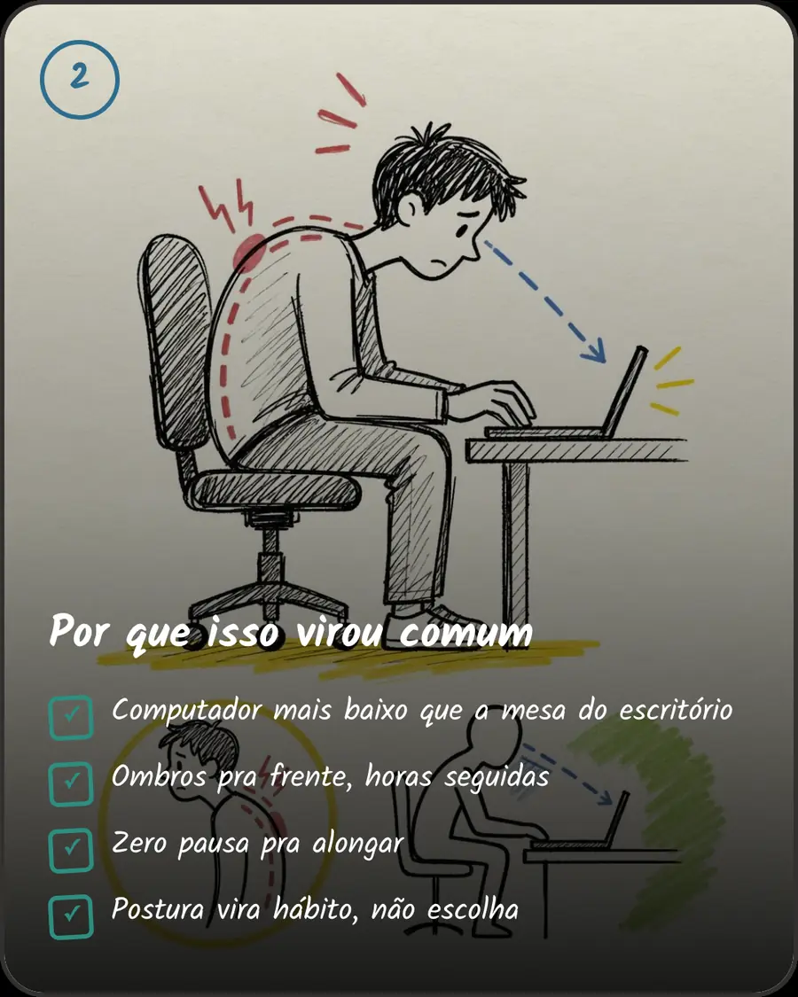 Por que isso virou comum. Computador mais baixo que a mesa do escritório. Ombros pra frente, horas seguidas. Zero pausa pra alongar. Postura vira hábito, não escolha