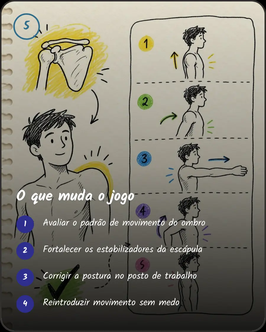O que muda o jogo. Avaliar o padrão de movimento do ombro. Fortalecer os estabilizadores da escápula. Corrigir a postura no posto de trabalho. Reintroduzir movimento sem medo