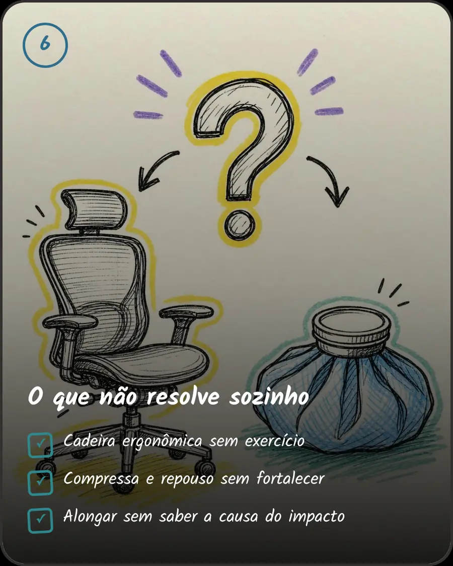 O que não resolve sozinho. Cadeira ergonômica sem exercício. Compressa e repouso sem fortalecer. Alongar sem saber a causa do impacto
