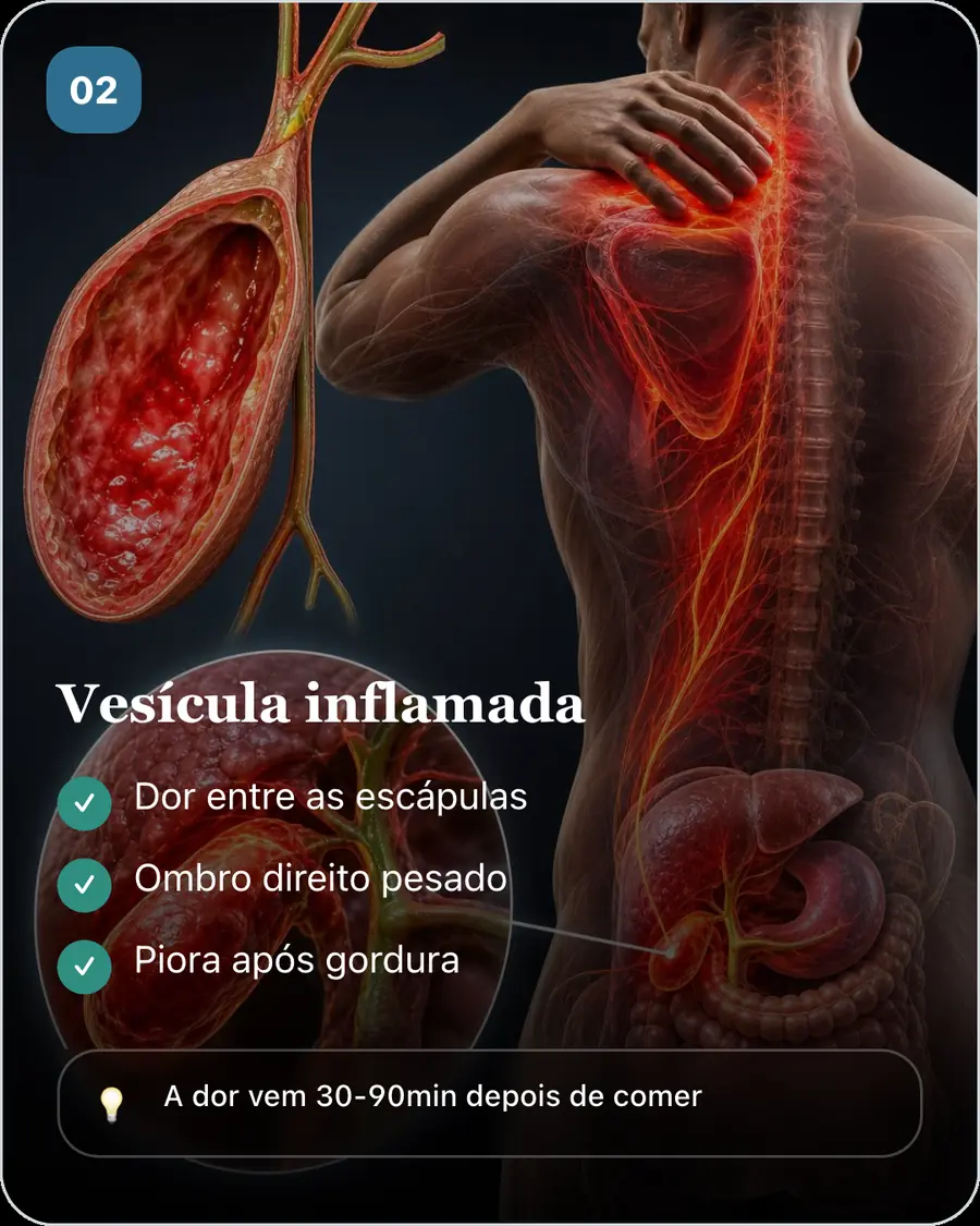 Vesícula inflamada. Dor entre as escápulas. Ombro direito pesado. Piora após gordura