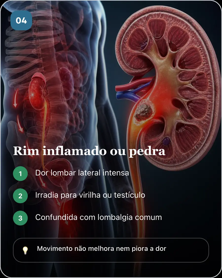 Rim inflamado ou pedra. Dor lombar lateral intensa. Irradia para virilha ou testículo. Confundida com lombalgia comum