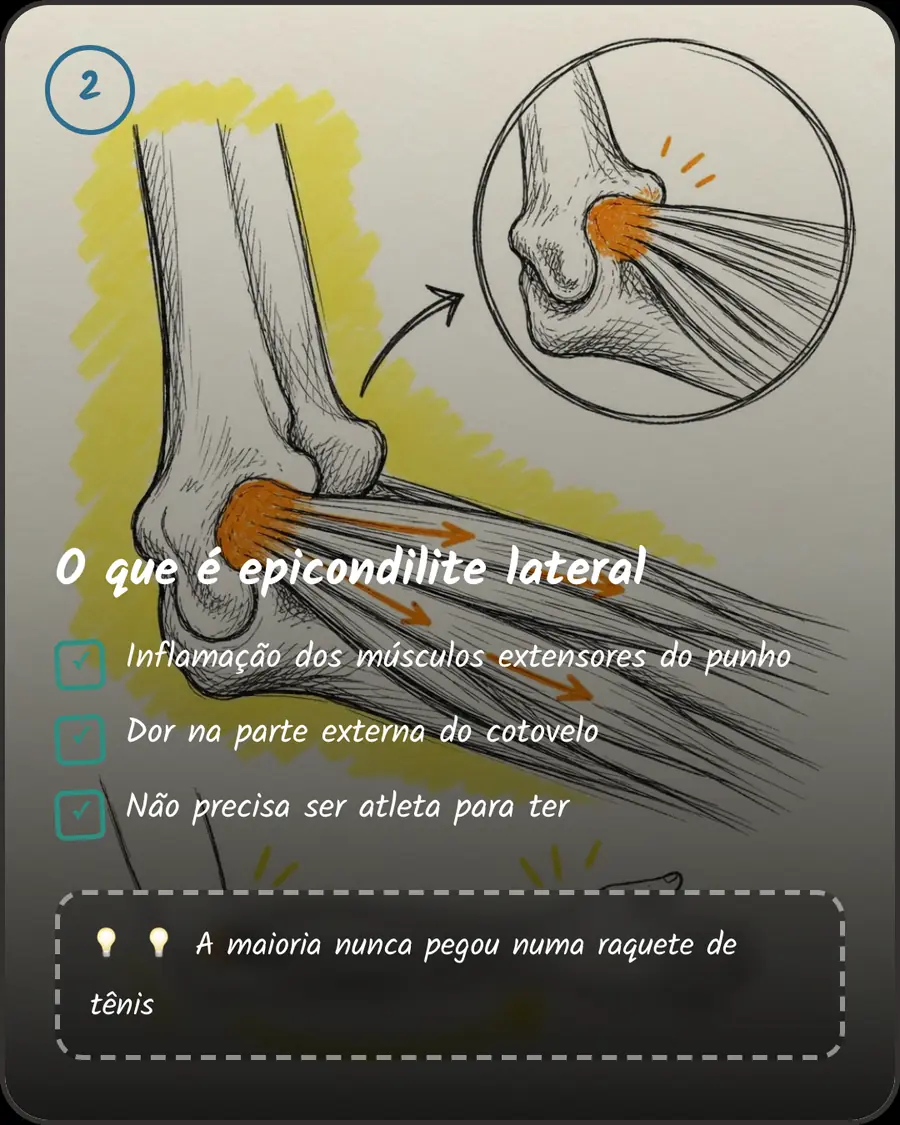 O que é epicondilite lateral. Inflamação dos músculos extensores do punho. Dor na parte externa do cotovelo. Não precisa ser atleta para ter