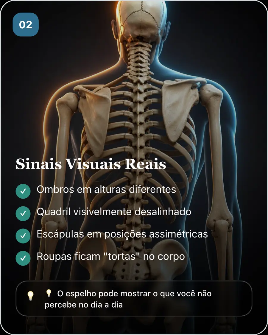 Sinais Visuais Reais. Ombros em alturas diferentes. Quadril visivelmente desalinhado. Escápulas em posições assimétricas. Roupas ficam "tortas" no corpo