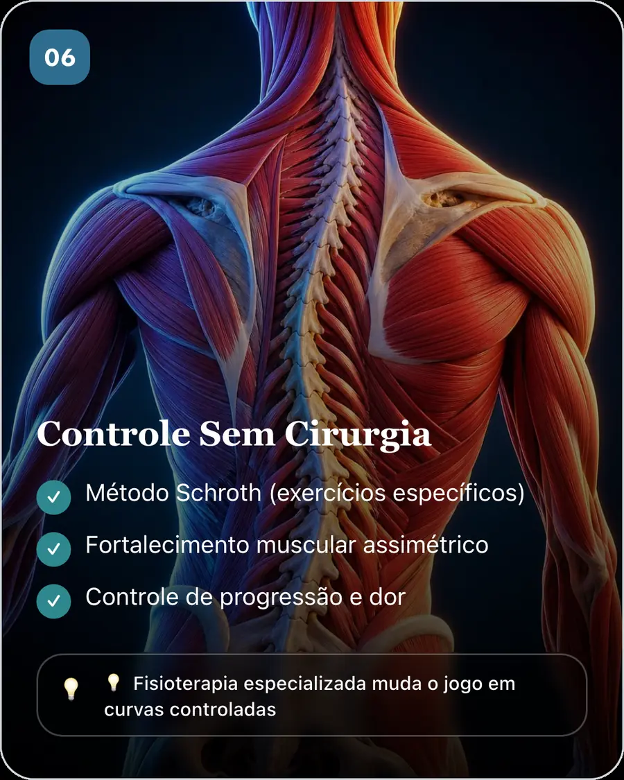 Controle Sem Cirurgia. Método Schroth (exercícios específicos). Fortalecimento muscular assimétrico. Controle de progressão e dor