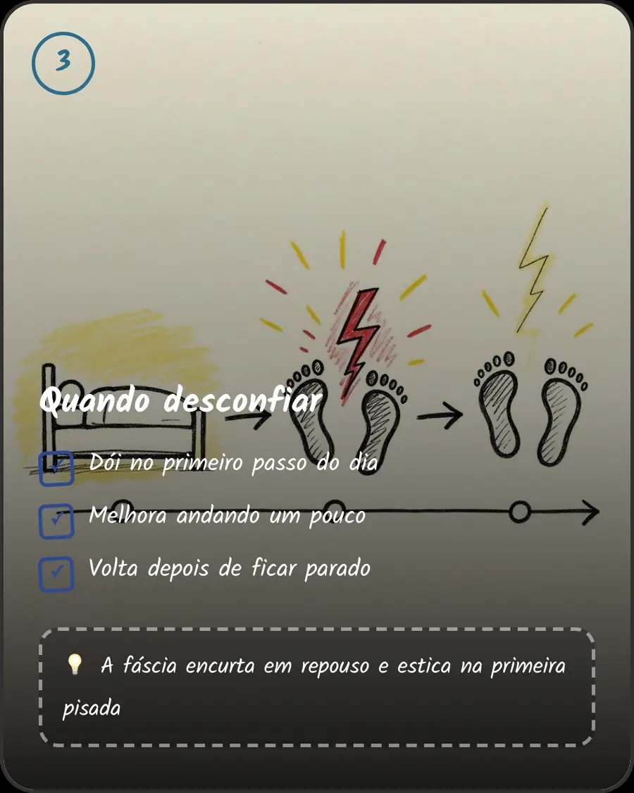 Quando desconfiar. Dói no primeiro passo do dia. Melhora andando um pouco. Volta depois de ficar parado
