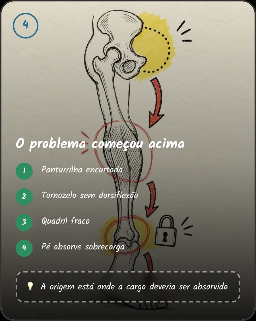 O problema começou acima. Panturrilha encurtada. Tornozelo sem dorsiflexão. Quadril fraco. Pé absorve sobrecarga