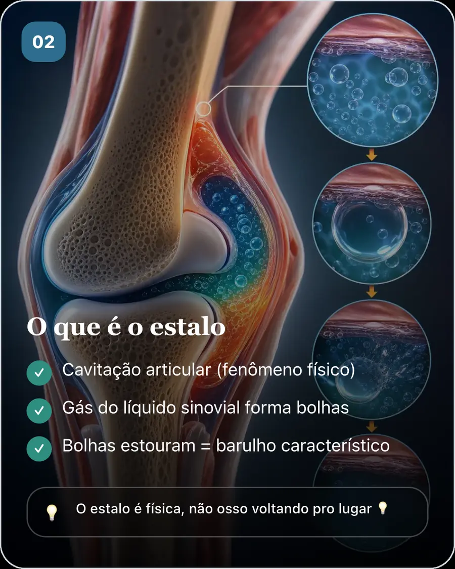 O que é o estalo. Cavitação articular (fenômeno físico). Gás do líquido sinovial forma bolhas. Bolhas estouram = barulho característico