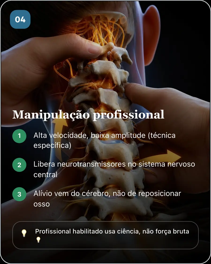 Manipulação profissional. Alta velocidade, baixa amplitude (técnica específica). Libera neurotransmissores no sistema nervoso central. Alívio vem do cérebro, não de reposicionar osso