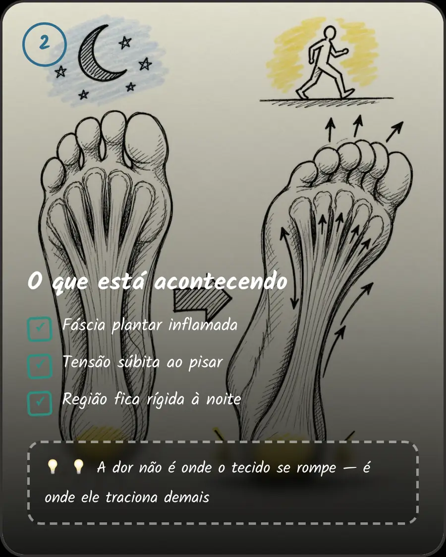 O que está acontecendo. Fáscia plantar inflamada. Tensão súbita ao pisar. Região fica rígida à noite