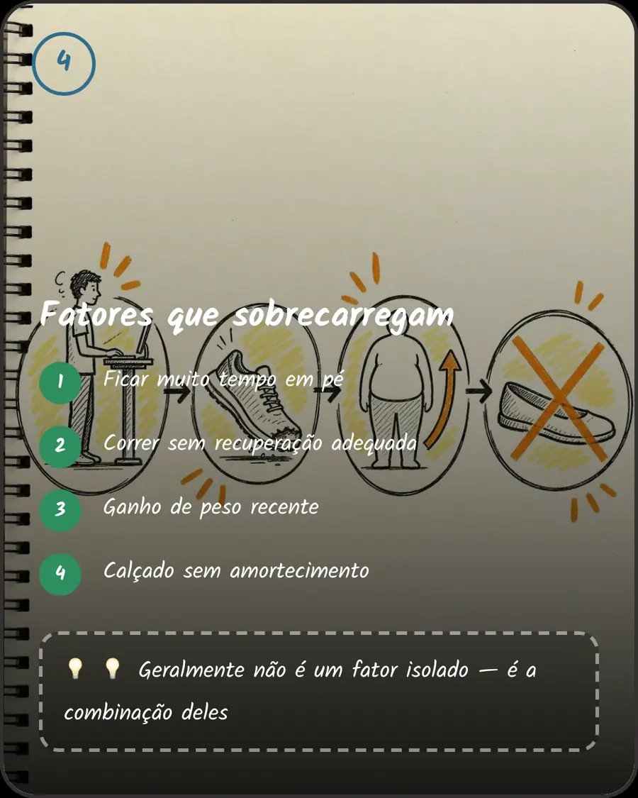 Fatores que sobrecarregam. Ficar muito tempo em pé. Correr sem recuperação adequada. Ganho de peso recente. Calçado sem amortecimento