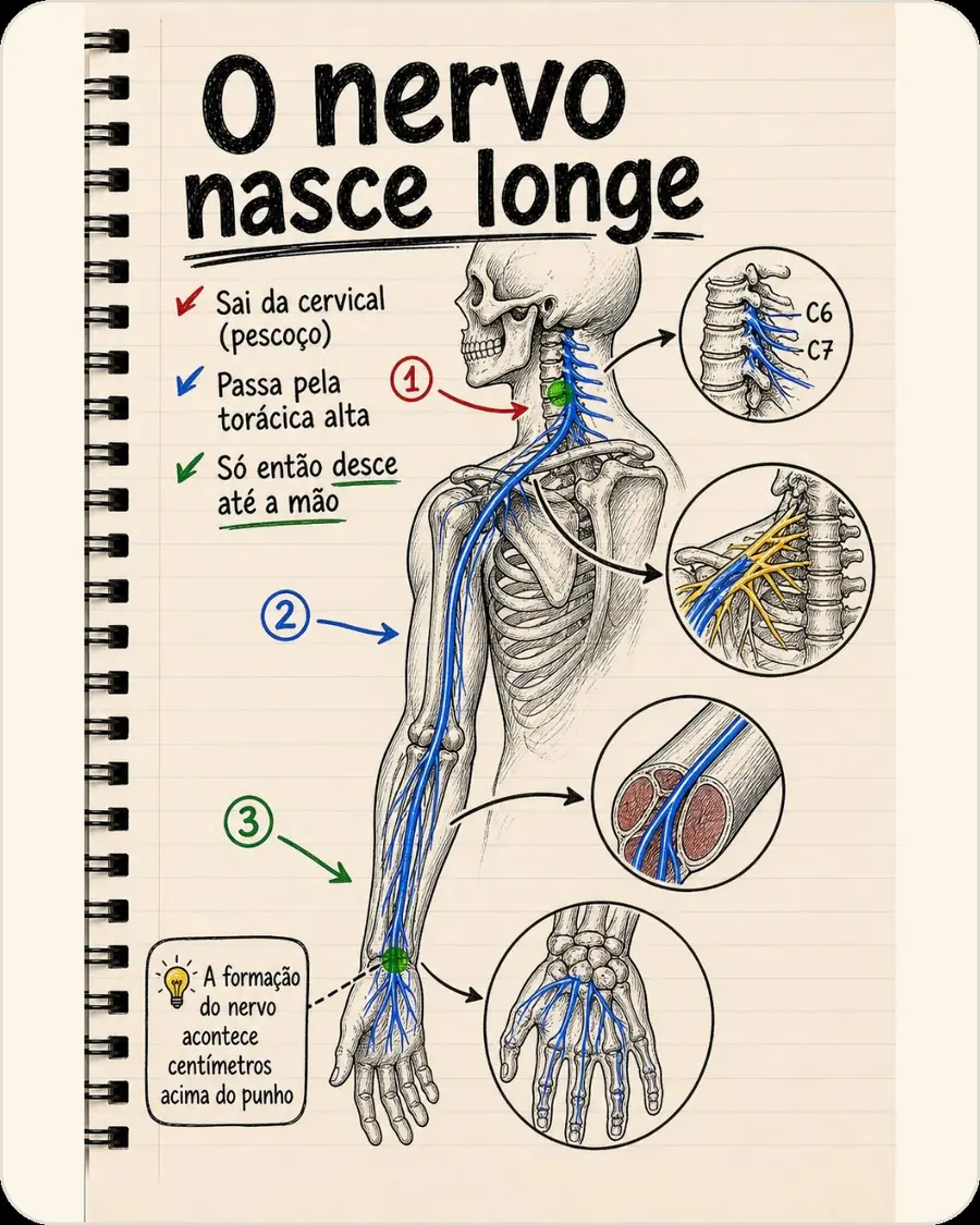 O nervo nasce longe. Sai da cervical (pescoço). Passa pela torácica alta. Só então desce até a mão