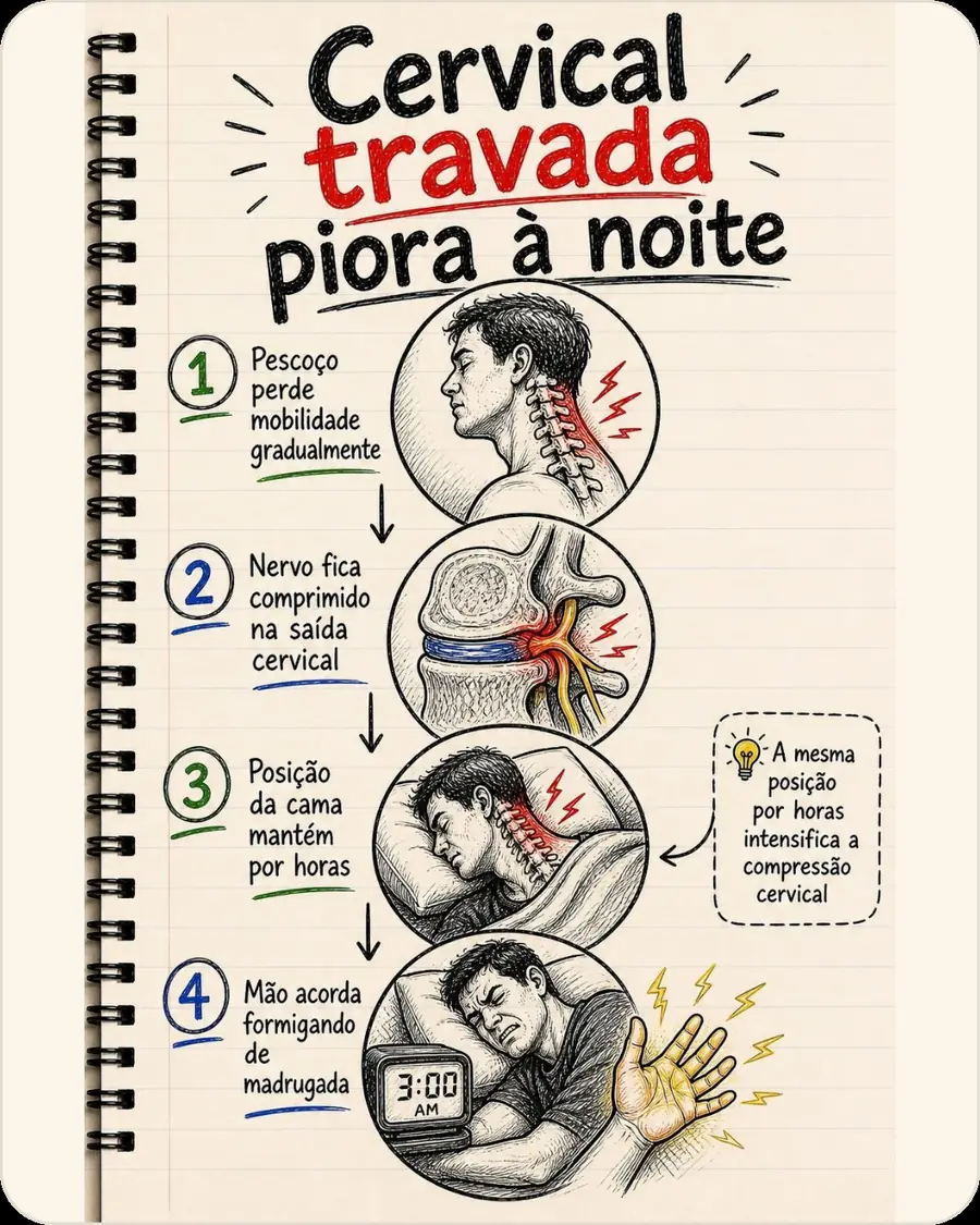 Cervical travada piora à noite. Pescoço perde mobilidade gradualmente. Nervo fica comprimido na saída cervical. Posição da cama mantém por horas. Mão acorda formigando de madrugada