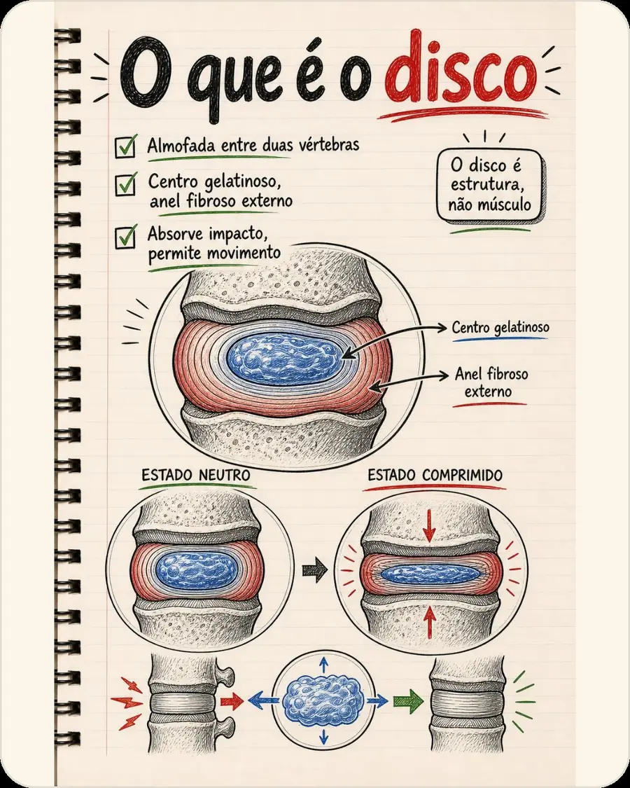 O que é o disco. Almofada entre duas vértebras. Centro gelatinoso, anel fibroso externo. Absorve impacto, permite movimento