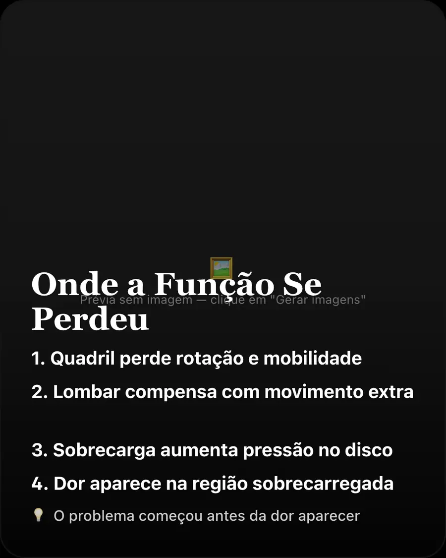 Onde a Função Se Perdeu. Quadril perde rotação e mobilidade. Lombar compensa com movimento extra. Sobrecarga aumenta pressão no disco. Dor aparece na região sobrecarregada