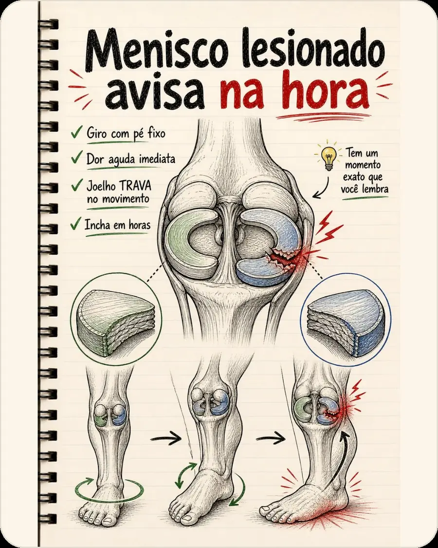 Menisco lesionado avisa na hora. Giro com pé fixo. Dor aguda imediata. Joelho TRAVA no movimento. Incha em horas