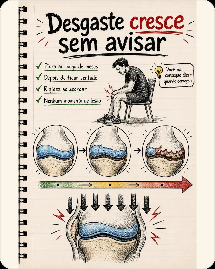Desgaste cresce sem avisar. Piora ao longo de meses. Depois de ficar sentado. Rigidez ao acordar. Nenhum momento de lesão