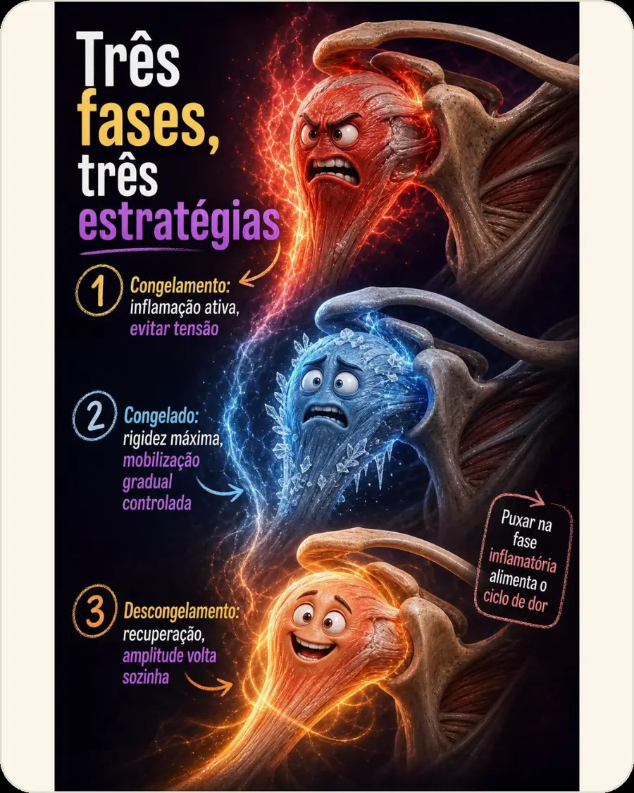 Três fases, três estratégias. Congelamento: inflamação ativa, evitar tensão. Congelado: rigidez máxima, mobilização gradual controlada. Descongelamento: recuperação, amplitude volta sozinha