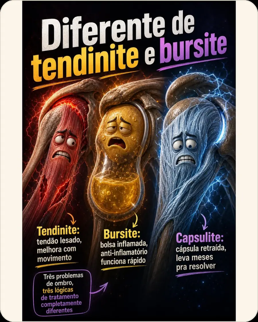 Diferente de tendinite e bursite. Tendinite: tendão lesado, melhora com movimento. Bursite: bolsa inflamada, anti-inflamatório funciona rápido. Capsulite: cápsula retraída, leva meses pra resolver