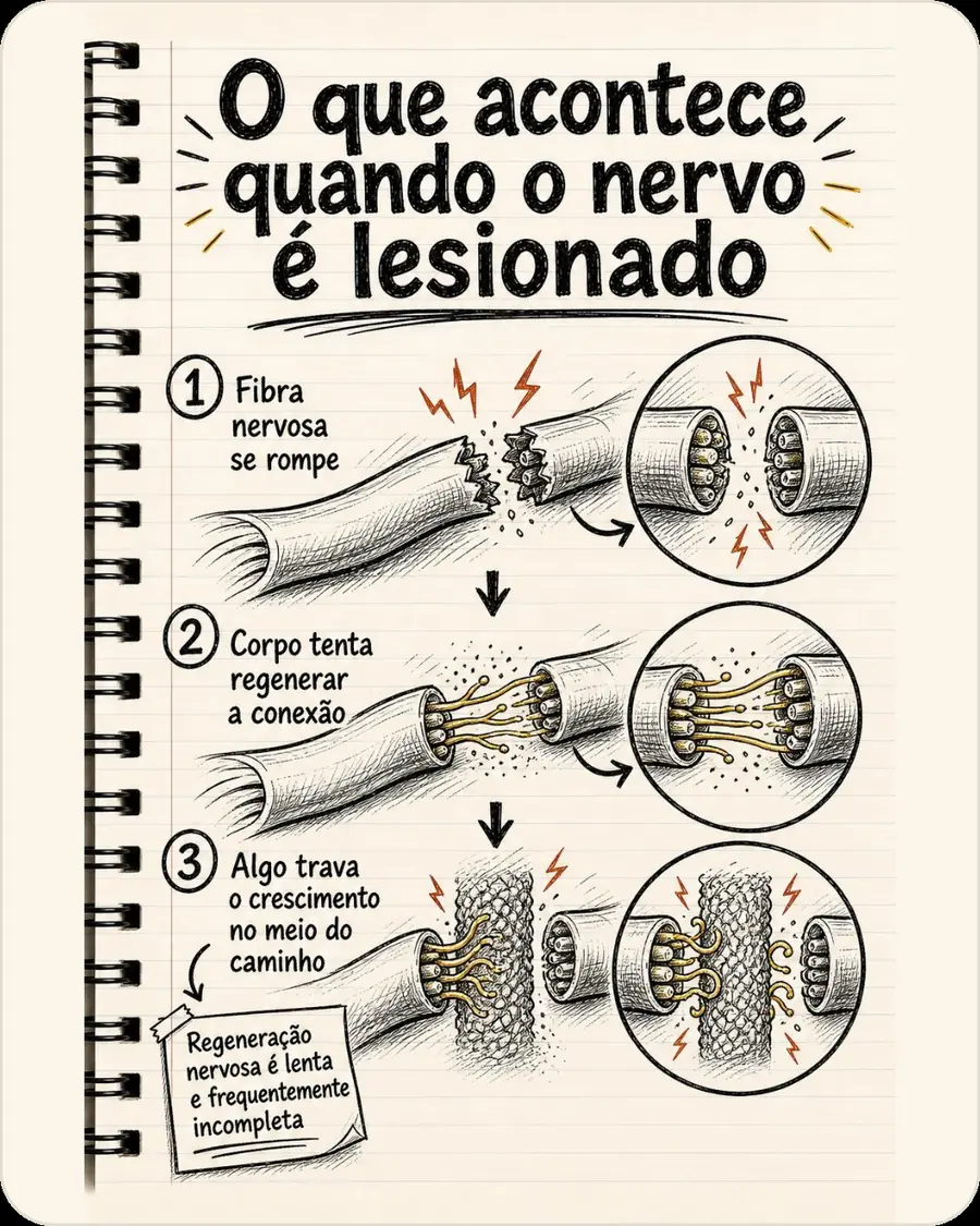 O que acontece quando o nervo é lesionado. Fibra nervosa se rompe. Corpo tenta regenerar a conexão. Algo trava o crescimento no meio do caminho