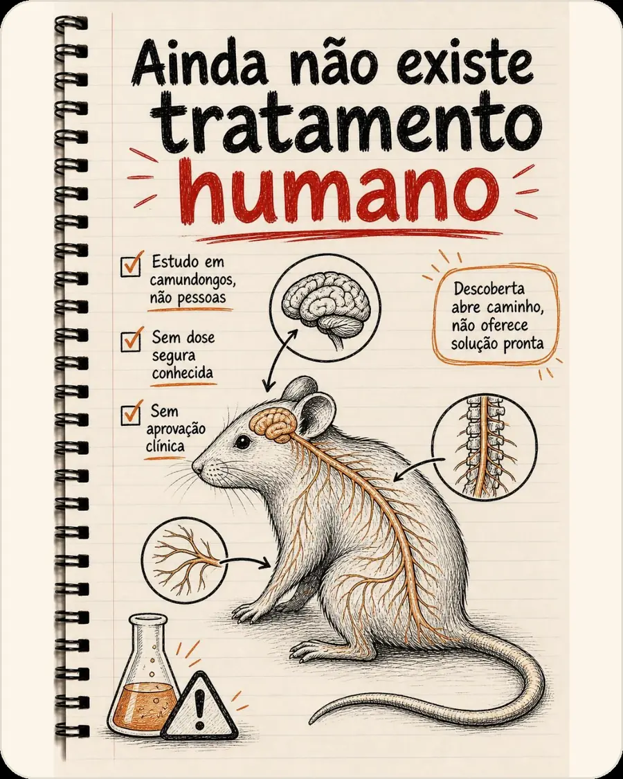 Ainda não existe tratamento humano. Estudo em camundongos, não pessoas. Sem dose segura conhecida. Sem aprovação clínica