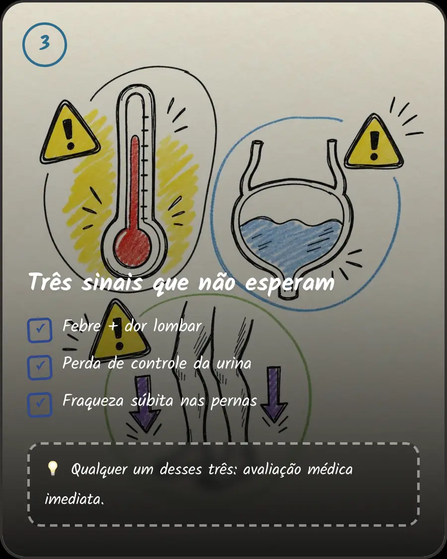 Três sinais que não esperam. Febre + dor lombar. Perda de controle da urina. Fraqueza súbita nas pernas