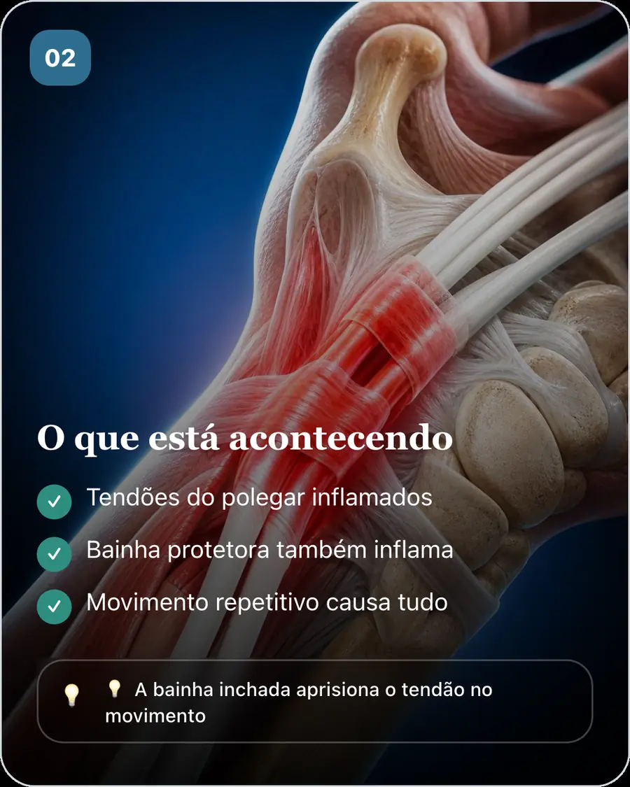 O que está acontecendo. Tendões do polegar inflamados. Bainha protetora também inflama. Movimento repetitivo causa tudo