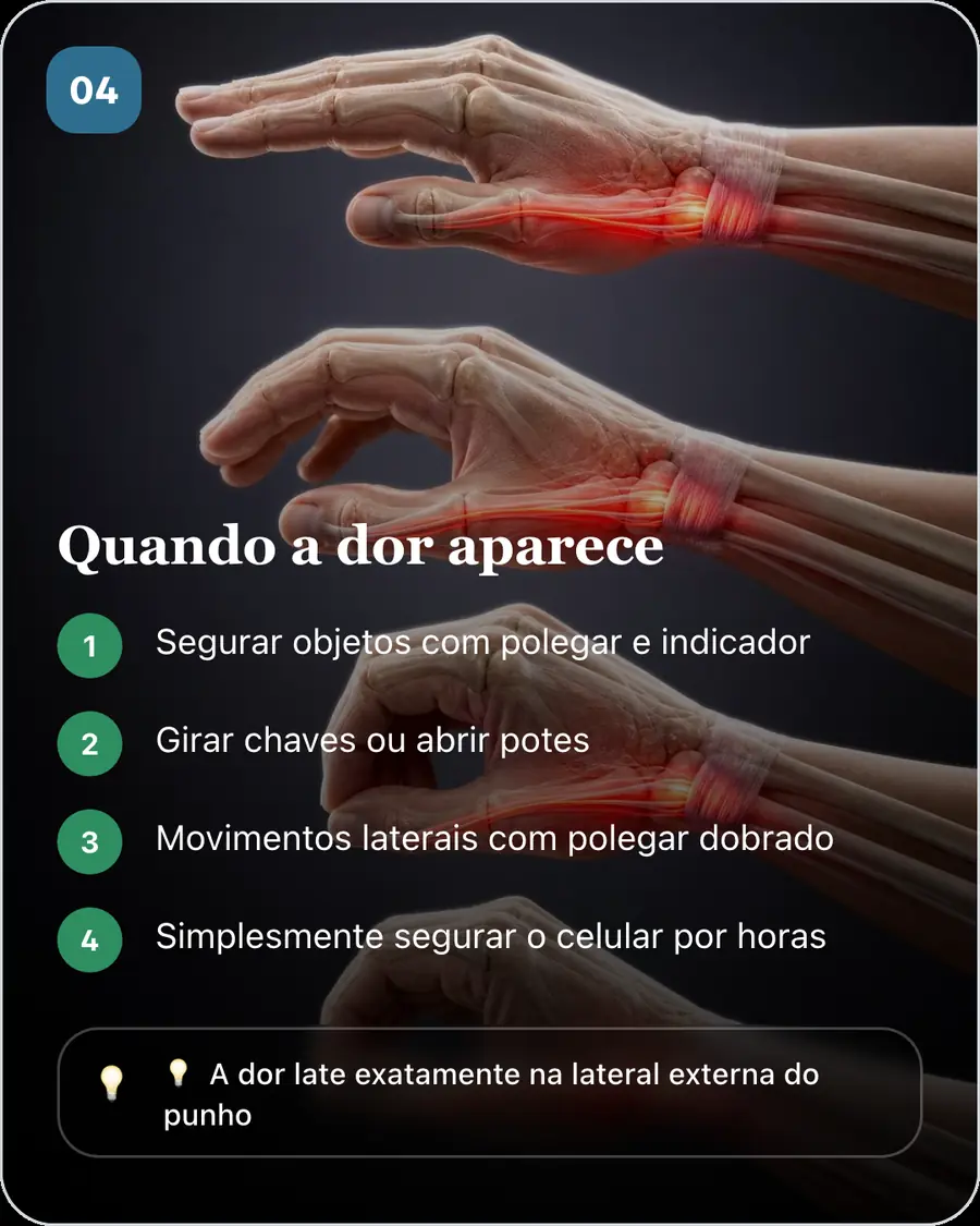 Quando a dor aparece. Segurar objetos com polegar e indicador. Girar chaves ou abrir potes. Movimentos laterais com polegar dobrado. Simplesmente segurar o celular por horas
