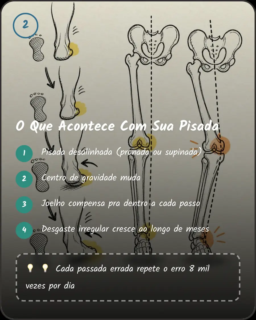 O Que Acontece Com Sua Pisada. Pisada desalinhada (pronada ou supinada). Centro de gravidade muda. Joelho compensa pra dentro a cada passo. Desgaste irregular cresce ao longo de meses