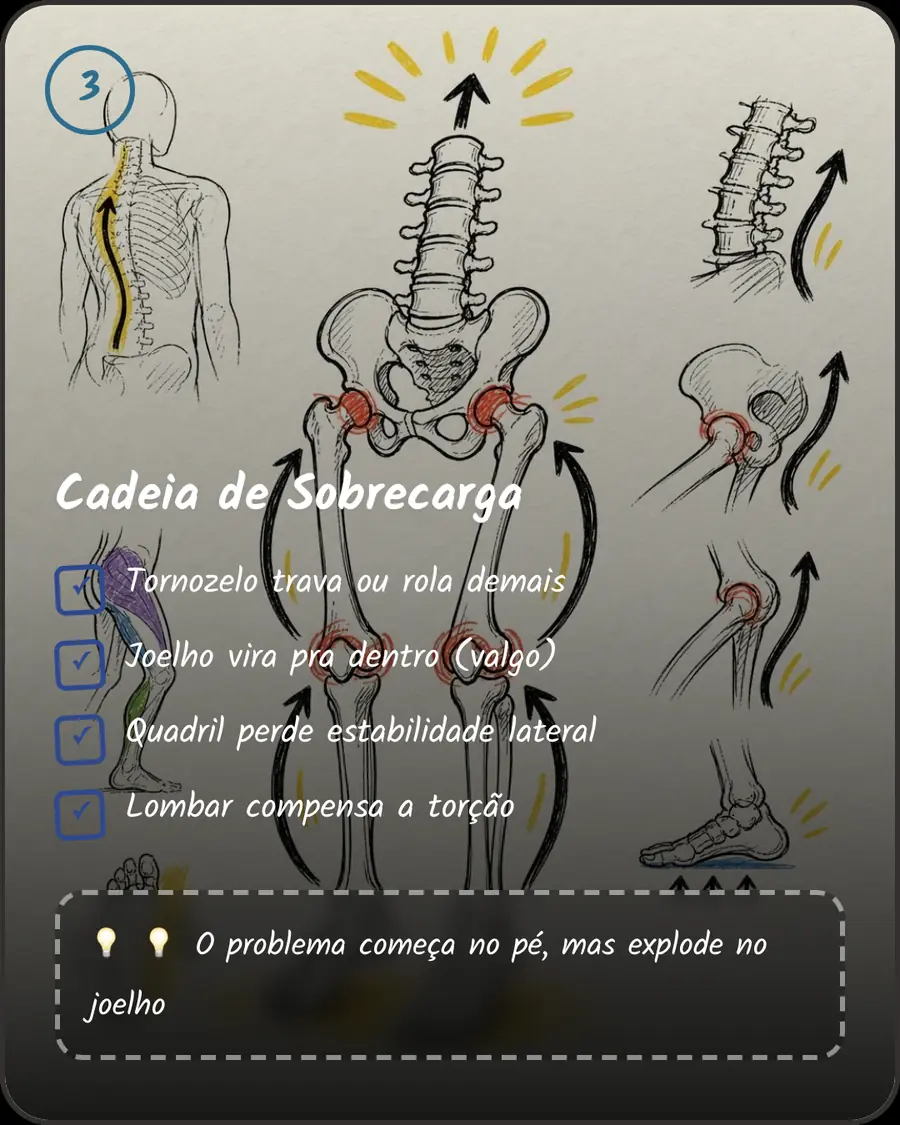 Cadeia de Sobrecarga. Tornozelo trava ou rola demais. Joelho vira pra dentro (valgo). Quadril perde estabilidade lateral. Lombar compensa a torção