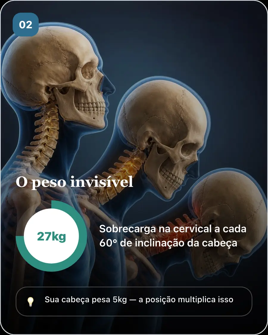 O peso invisível. 27kg Sobrecarga na cervical a cada 60° de inclinação da cabeça