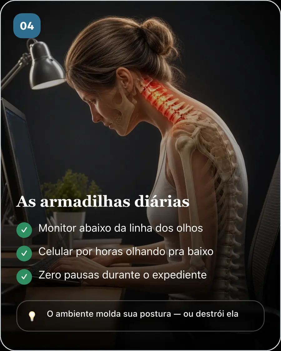 As armadilhas diárias. Monitor abaixo da linha dos olhos. Celular por horas olhando pra baixo. Zero pausas durante o expediente