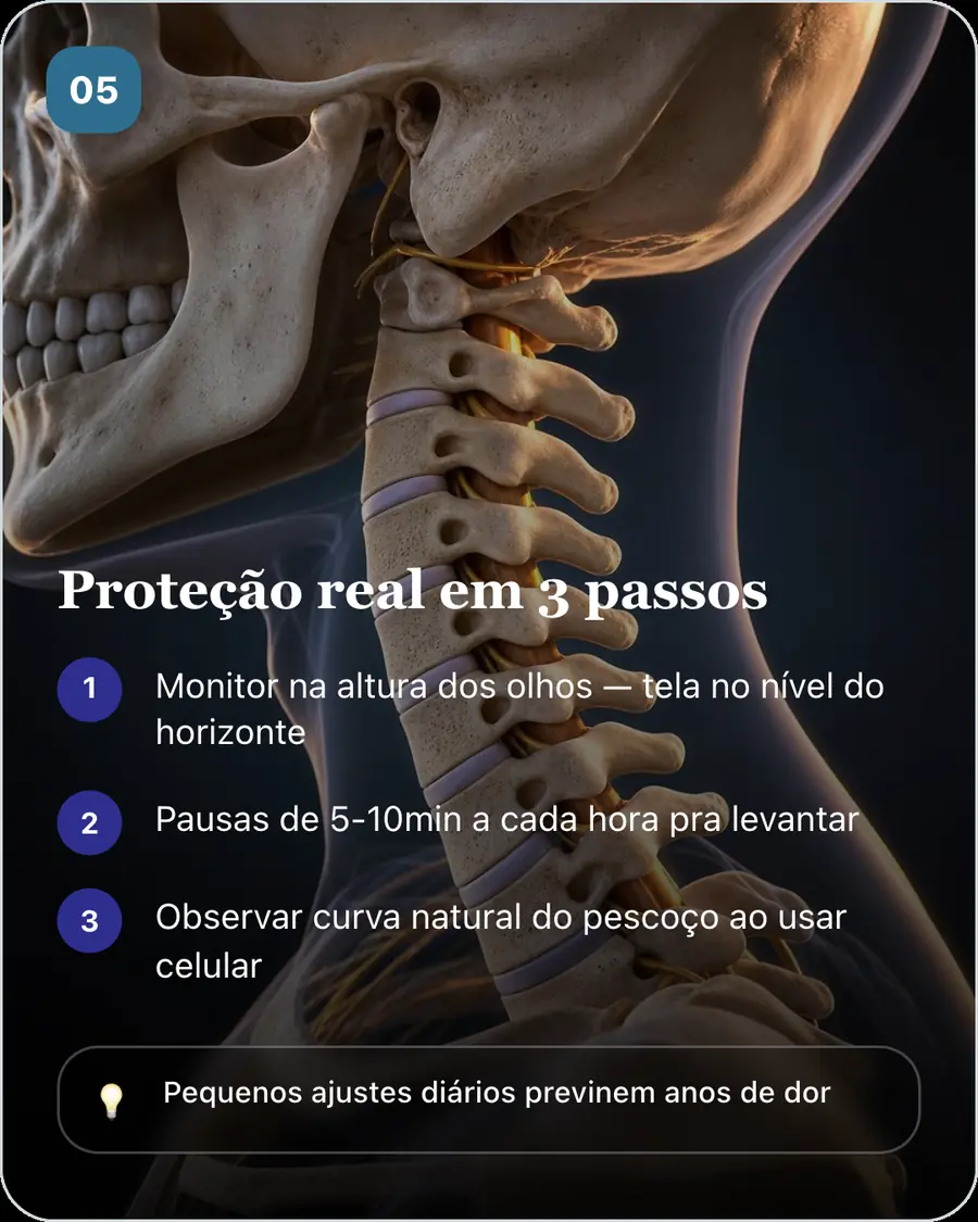 Proteção real em 3 passos. Monitor na altura dos olhos — tela no nível do horizonte. Pausas de 5-10min a cada hora pra levantar. Observar curva natural do pescoço ao usar celular