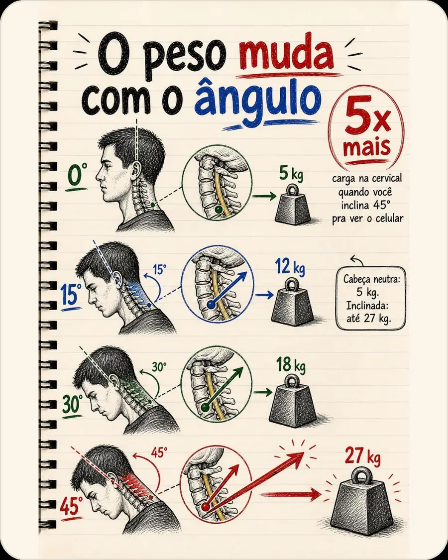 O peso muda com o ângulo. 5x mais carga na cervical quando você inclina 45° pra ver o celular