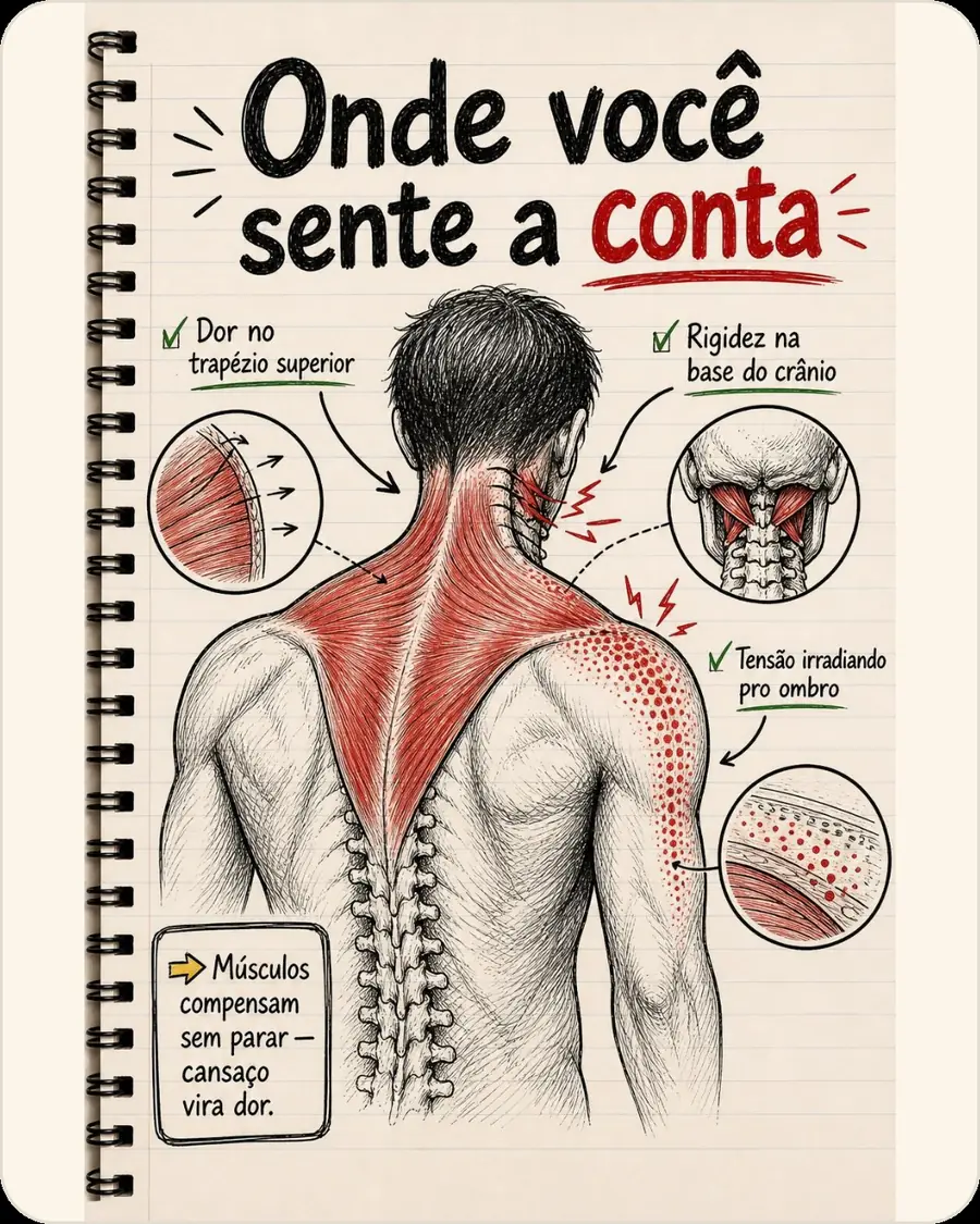 Onde você sente a conta. Dor no trapézio superior. Rigidez na base do crânio. Tensão irradiando pro ombro