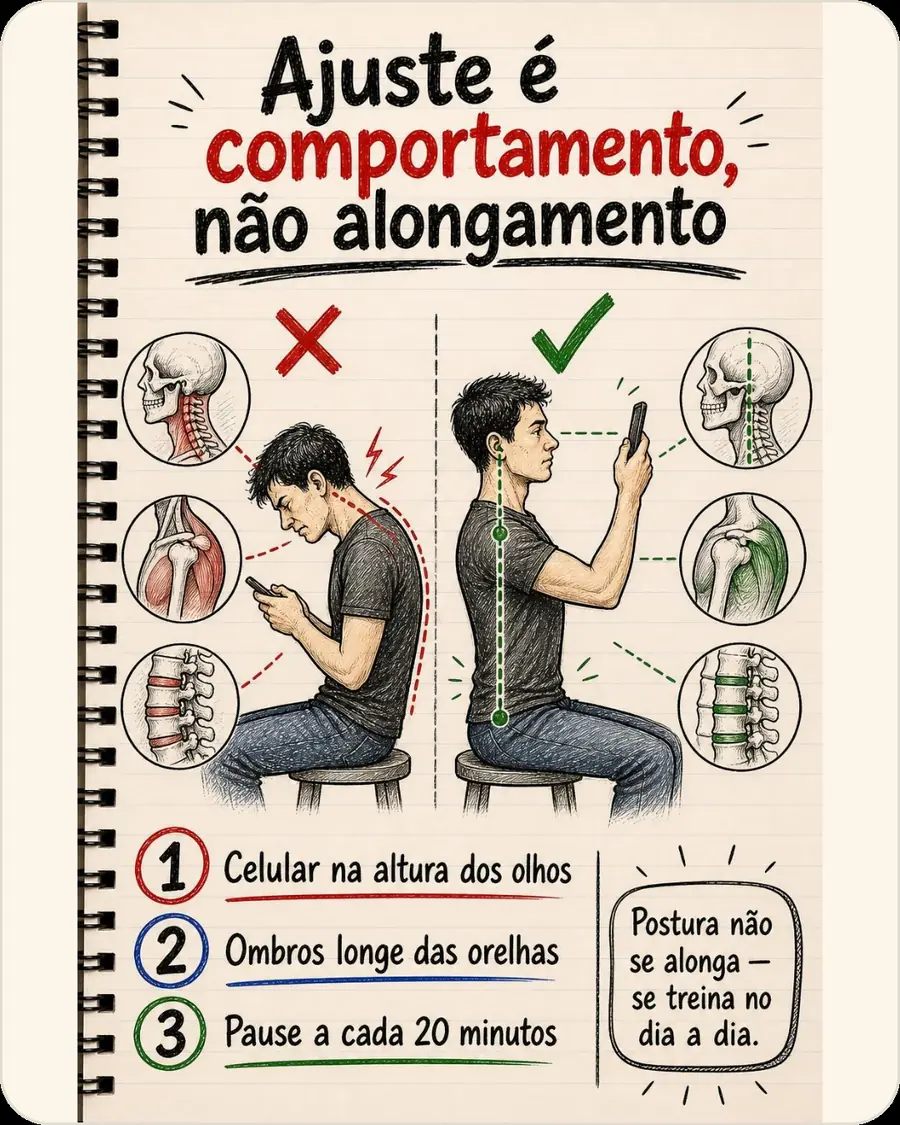 Ajuste é comportamento, não alongamento. Celular na altura dos olhos. Ombros longe das orelhas. Pause a cada 20 minutos