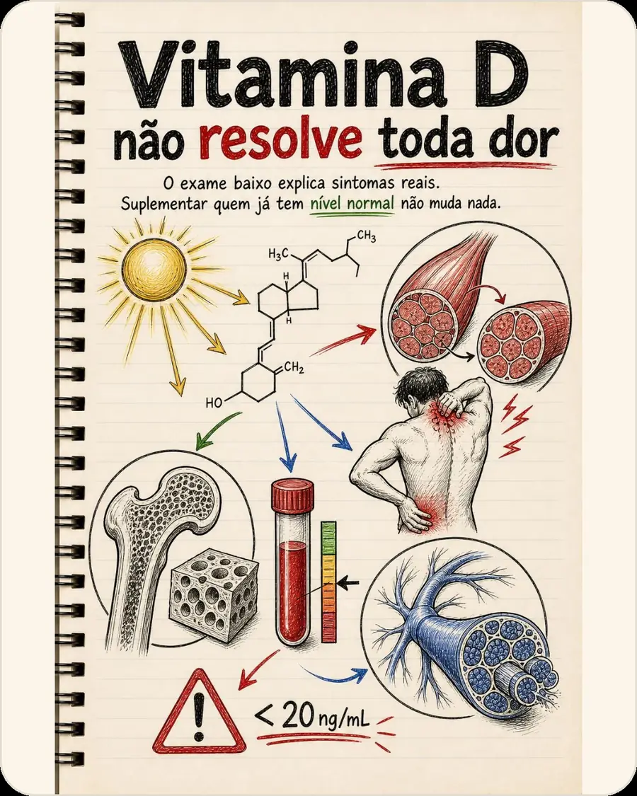Vitamina D não resolve toda dor. O exame baixo explica sintomas reais. Suplementar quem já tem nível normal não muda nada.