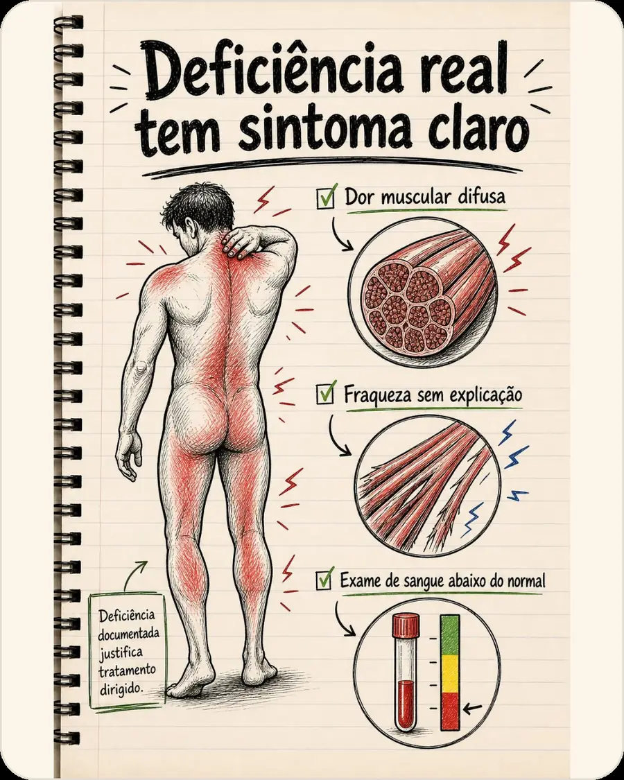 Deficiência real tem sintoma claro. Dor muscular difusa. Fraqueza sem explicação. Exame de sangue abaixo do normal